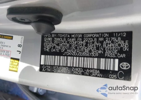 2013 Toyota Prius Two из США, поврежденный, VIN JTDKN3DU0D5567309